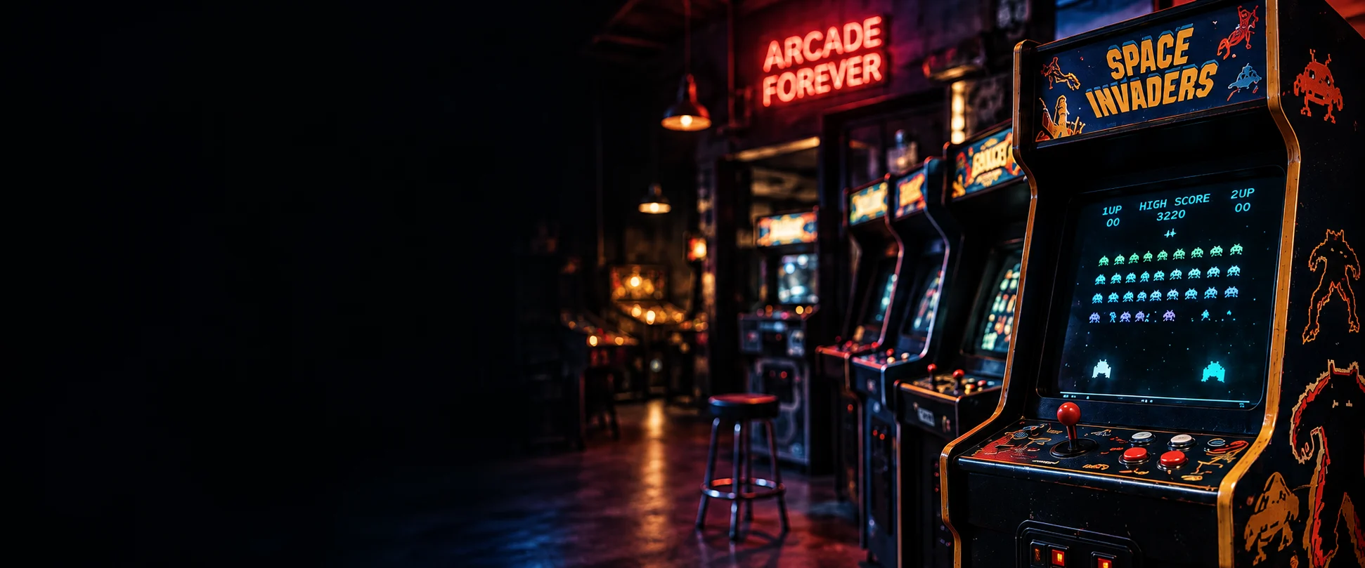 Space Invaders cabinet in a neon-lit vintage arcade